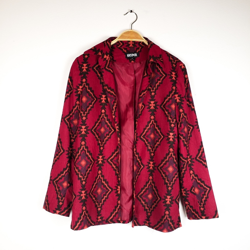 VTG KASPER Red Tribal Print Open Front Blazer